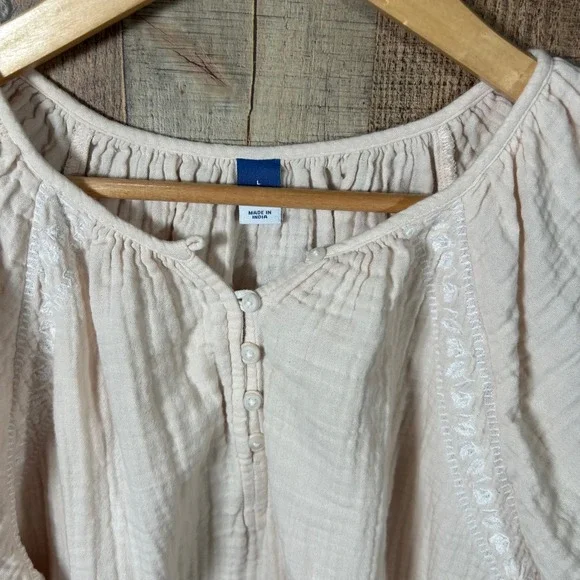 Old Navy Gauze Embroidered Tunic Top Large Short Sleeve Boho Peasant Neutral - Picture 3 of 7